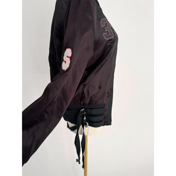 90s vintage black embellished silky sporty zip up bomber jacket XXS made Italy - Picture 6 of 8